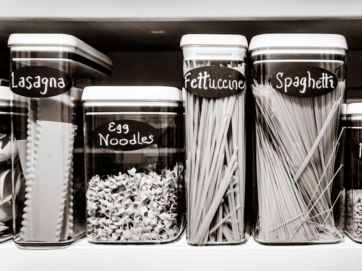 My pantry’s staples have see-through containers with chalk labels.