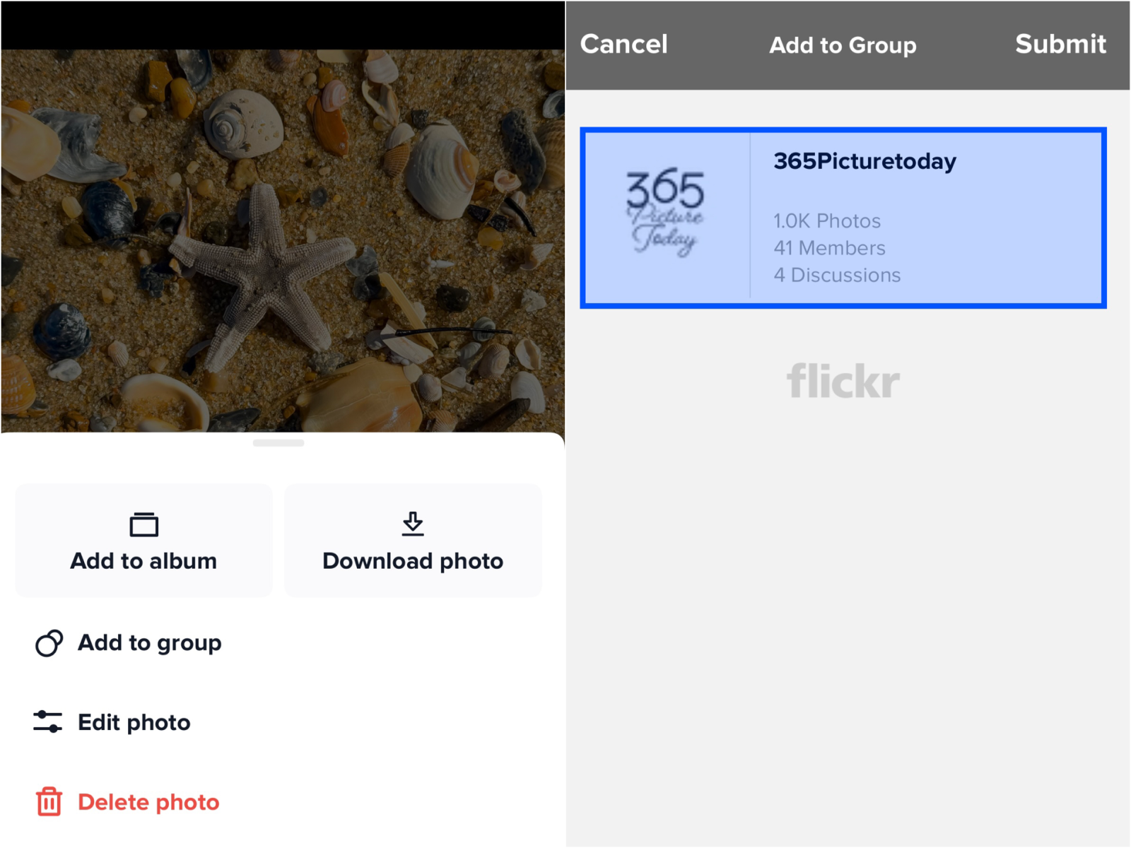 Flickr App Share to Group screenshot