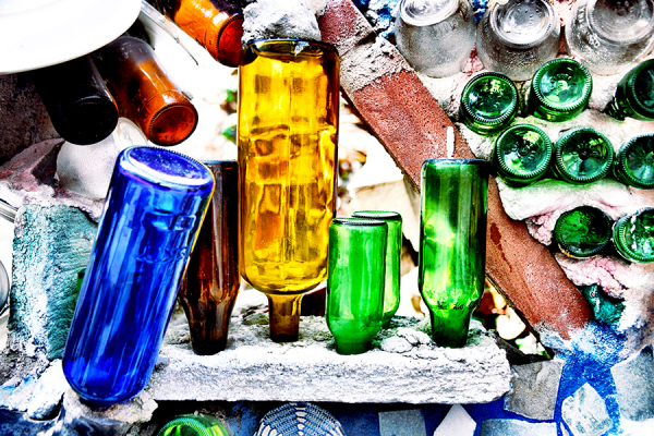 Sculpture with colored bottles