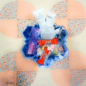box of candy on quilt